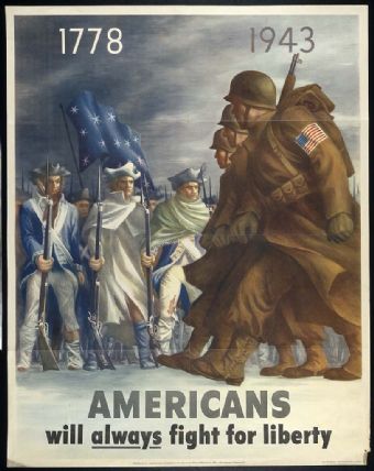 Colored poster depicting American soldiers from 1778-1943
