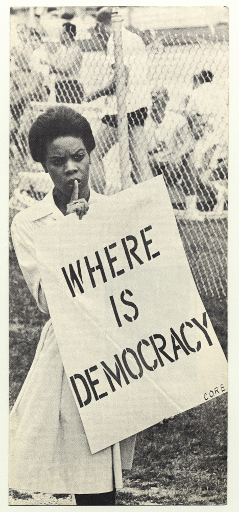 Woman holding a sign that reads "Where is Democracy?"