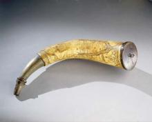 Cattle powder horn with map of New York etching