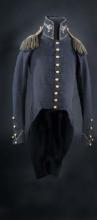 Blue wool uniform coat, gold-colored buttons on jacket front and sleeves. Epaulettes and gold trim at neck and cuffs.