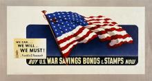 World War II colored paper poster with American flag and yellow lettering