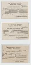 Three resident I.D. cards that list identifying information for residents of interment camps