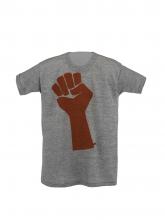 Gray t-shirt with depiction of a stylized red fist